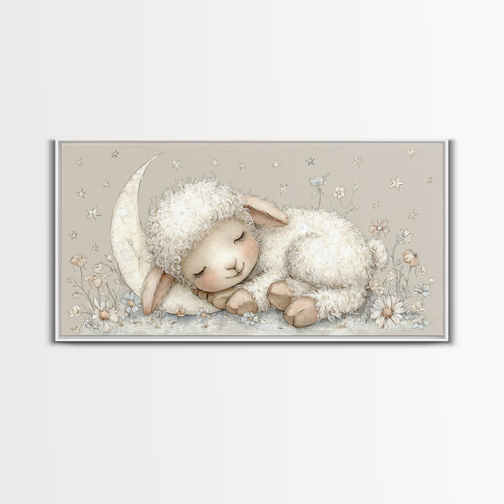 Little Lamb under a Starry Sky Framed Canvas Print, Nursery Art, Playroom Wall Decor, Nursery Decor, Fine Art, Nursery, NUR-2x1-87