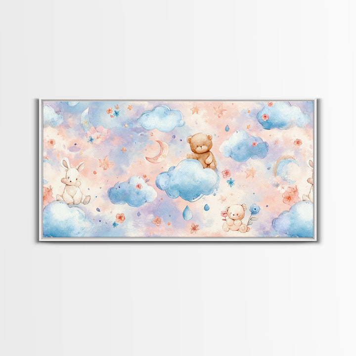 Clouds and Raindrops Framed Canvas Print, Nursery Art, Art Print, Nursery Decor, Oil Painting, Nursery 190, Wall Art Set of, NUR-2x1-90