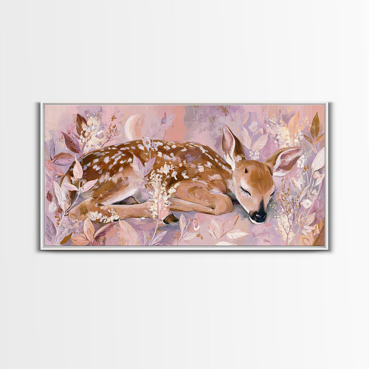 Deer Fawn Sleeping Framed Canvas Print, Nursery Art, Nursery Wall Art, Nursery Decor, Fine Art, Nursery, Woodland Nursery, NUR-2x1-91