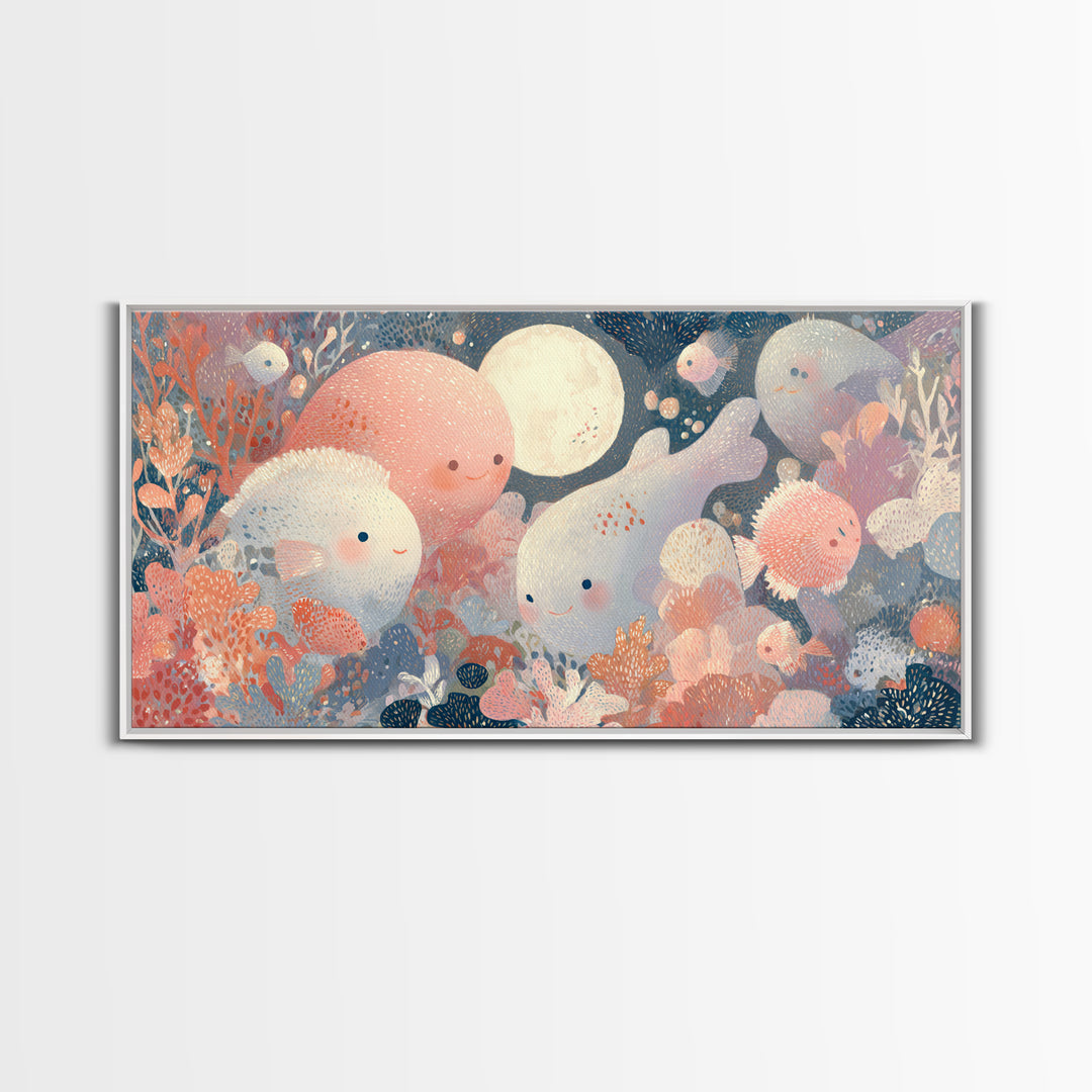Friendly Ocean Creatures Framed Canvas Print, Nursery Art, Playroom Decor, Nursery Decor, Fine Art, Nursery, Kids Room Wall Art, NUR-2x1-92
