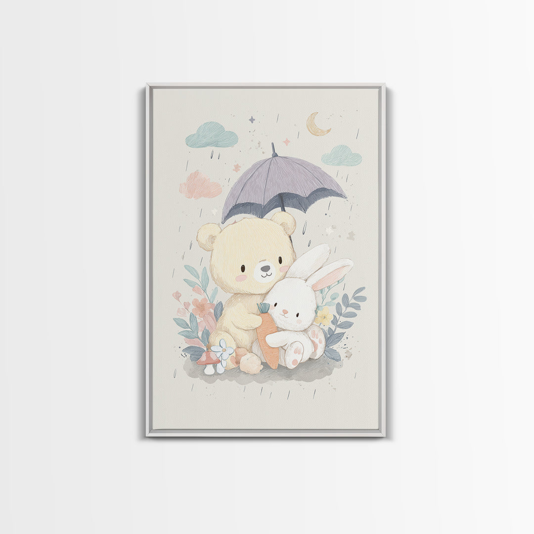 Bear and Rabbit Sharing Umbrella Framed Canvas Print, Nursery Art, Wall Art, Nursery Decor, Fine Art, Nursery, Nursery Prints, NUR-2x3-1