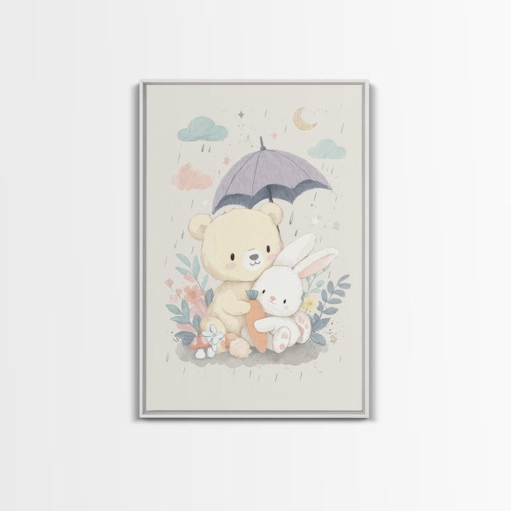Bear and Rabbit Sharing Umbrella Framed Canvas Print, Nursery Art, Wall Art, Nursery Decor, Fine Art, Nursery, Nursery Prints, NUR-2x3-1