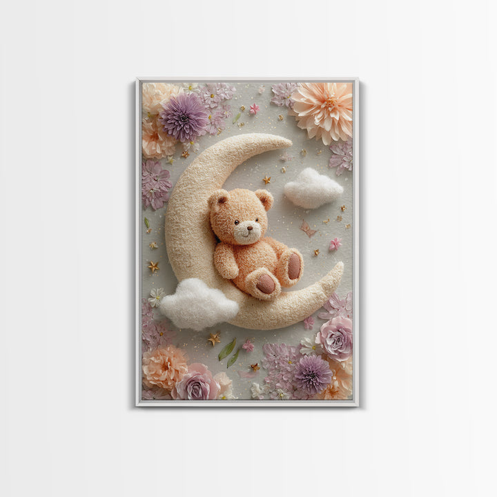 Baby Bear Floating on a Crescent Moon Canvas Print, Nursery Art, Luxury Decor, Nursery Decor, Oil Painting, Nursery, NUR-2x3-14