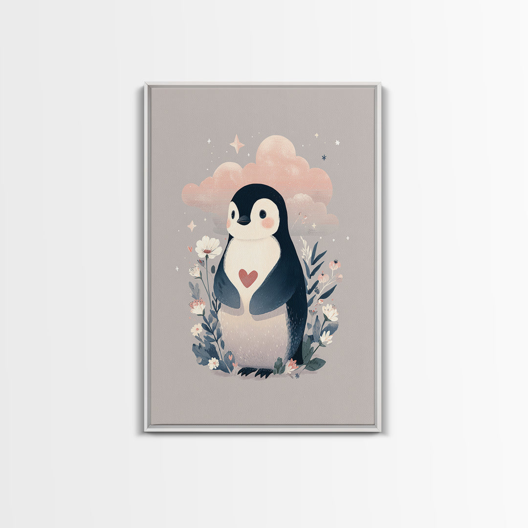 Penguin Holding a Little Heart Shape Framed Canvas Print, Nursery Art, Room Decor, Nursery Decor, Abstract Art, Nursery, NUR-2x3-18