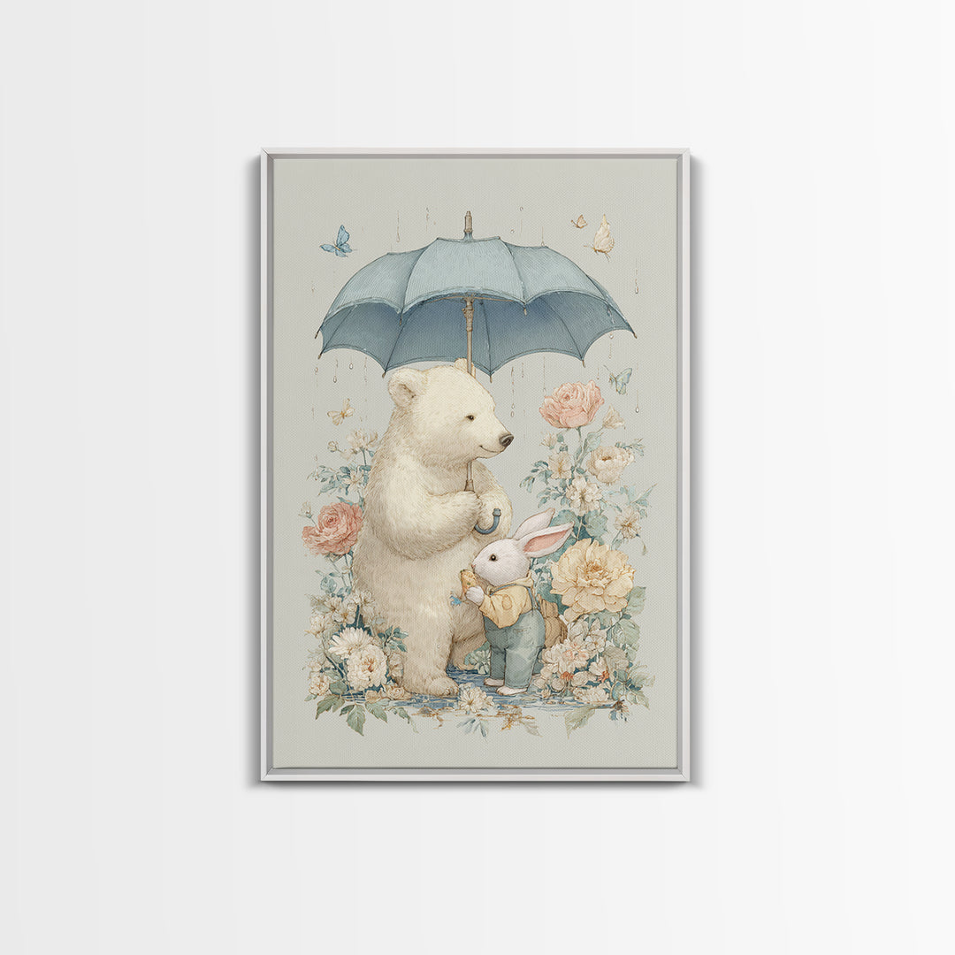 Bear and Rabbit Sharing Umbrella Framed Canvas Print, Nursery Art, Wall Art, Nursery Decor, Fine Art, Nursery, Nursery Prints, NUR-2x3-25
