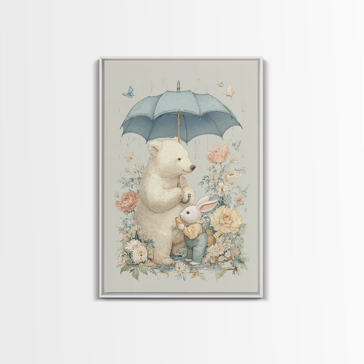 Bear and Rabbit Sharing Umbrella Framed Canvas Print, Nursery Art, Wall Art, Nursery Decor, Fine Art, Nursery, Nursery Prints, NUR-2x3-25