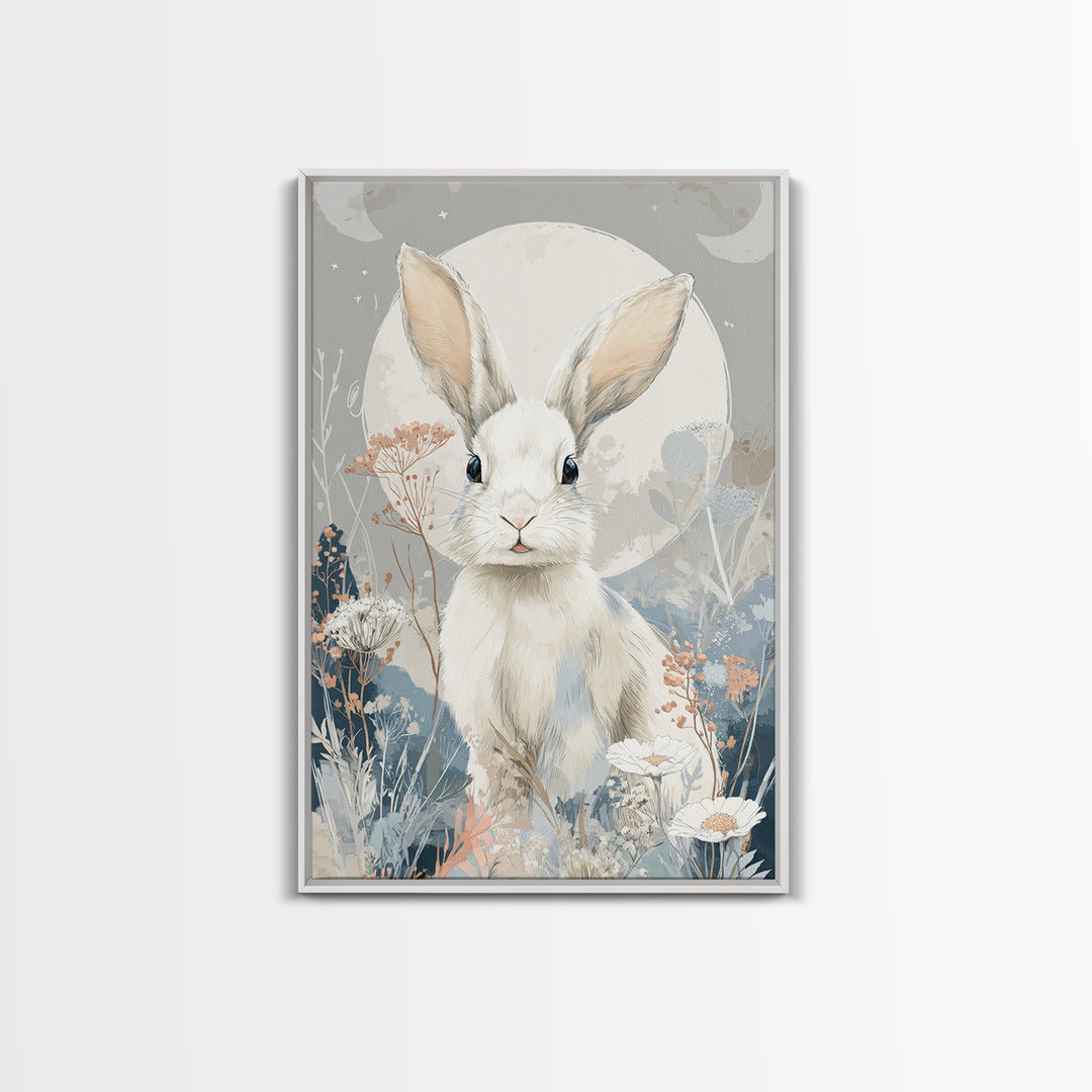 Soft Bunny in a Wildflower Meadow Framed Canvas Print, Nursery Art, Digital Art, Nursery Decor, Nursery, Girl Nursery Decor, NUR-2x3-37