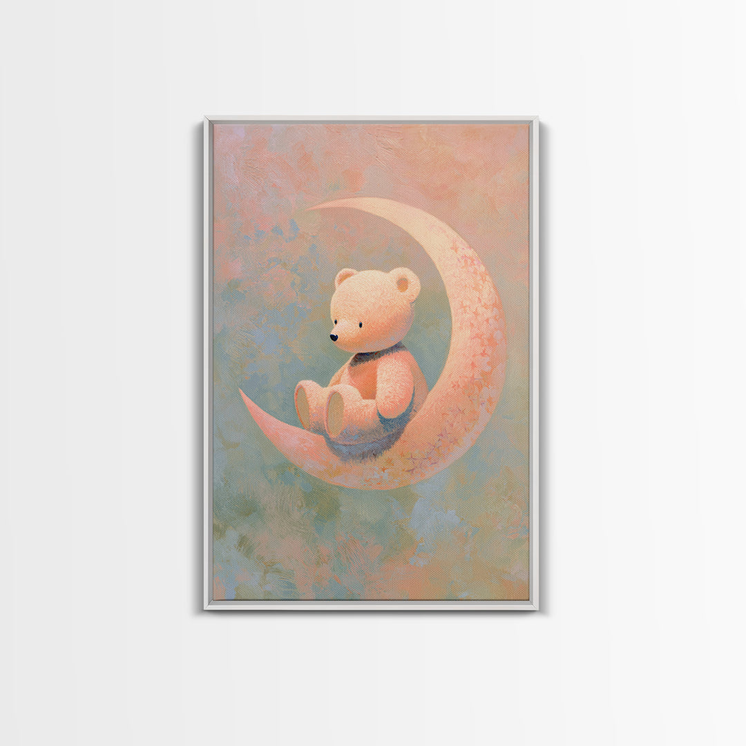 Baby Bear Floating on a Crescent Moon Framed Canvas Print, Nursery Art, Wall Art, Nursery Decor, Nursery, Nursery Prints, NUR-2x3-38