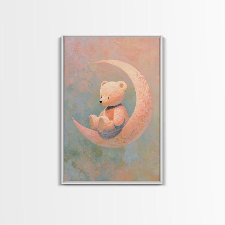 Baby Bear Floating on a Crescent Moon Framed Canvas Print, Nursery Art, Wall Art, Nursery Decor, Nursery, Nursery Prints, NUR-2x3-38