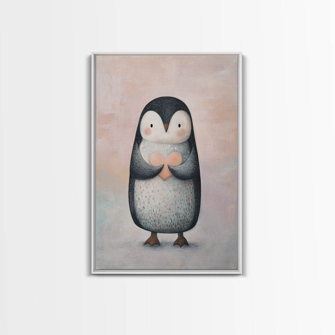 Penguin Holding a Little Heart Shape Framed Canvas Print, Nursery Art, Room Decor, Nursery Decor, Abstract Art, Nursery, NUR-2x3-42