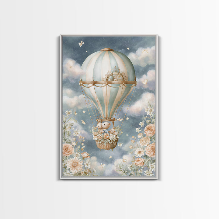 Floating Hot Air Balloon Framed Canvas Print, Nursery Art, Woodland Nursery Art, Nursery Decor, Watercolor Art, Nursery, NUR-2x3-44