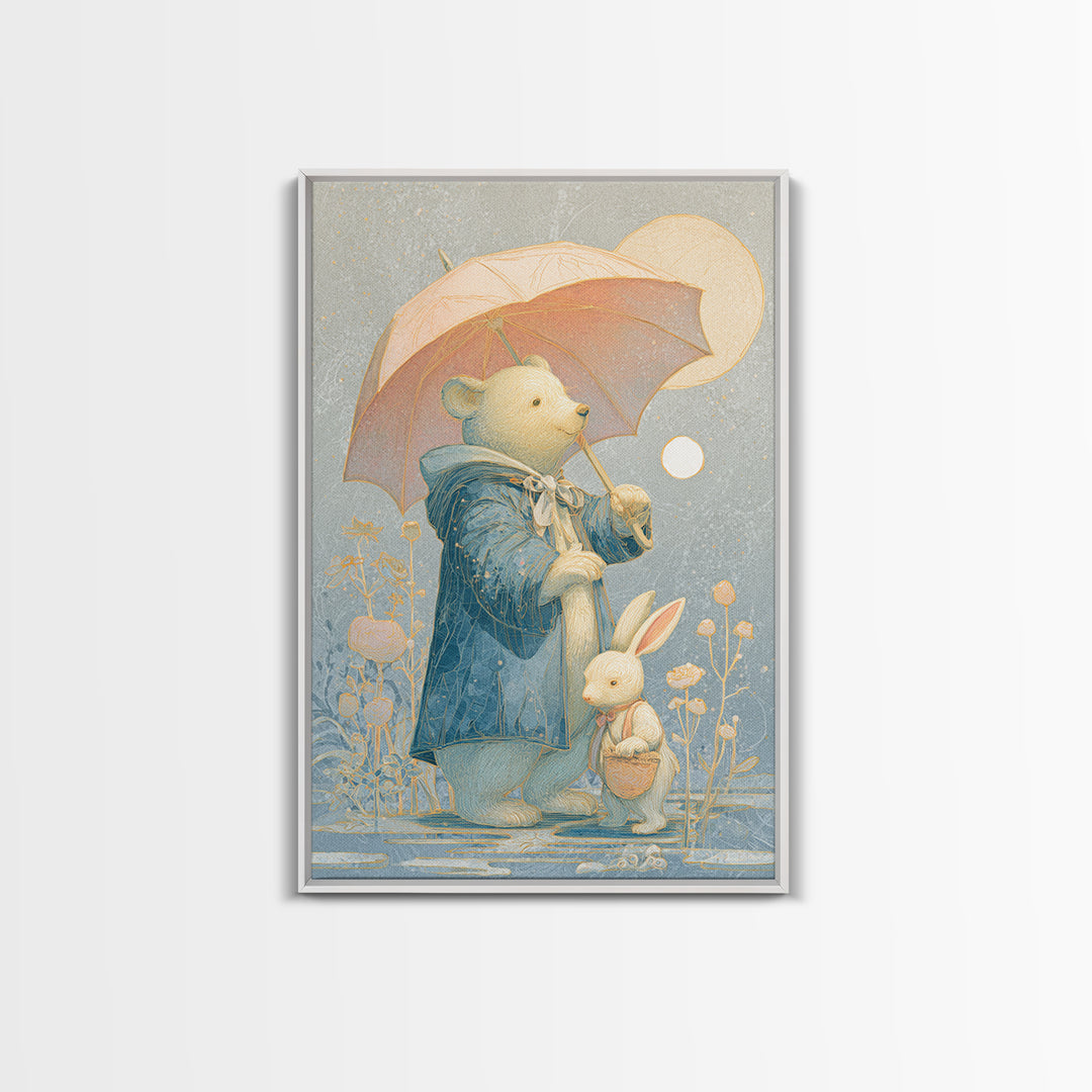 Bear and Rabbit Sharing Umbrella Canvas Print, Nursery Art, Nursery Decor, Fine Art, Nursery, Kids Wall Art, Woodland Nursery, NUR-2x3-49