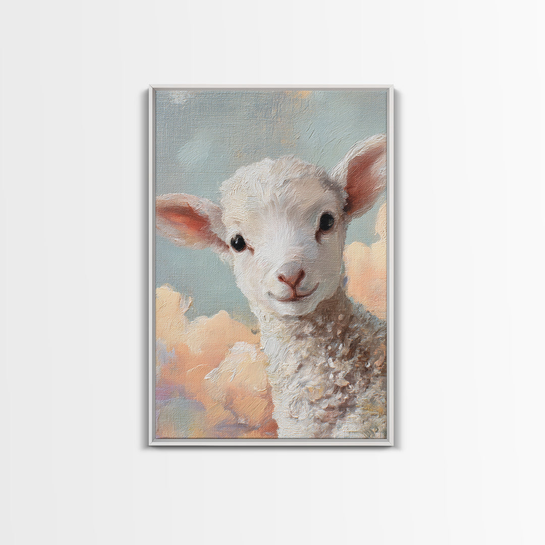 Little Lamb under a Starry Sky Framed Canvas Print, Nursery Art, Room Decor, Nursery Decor, Oil Painting, Nursery, NUR-2x3-51