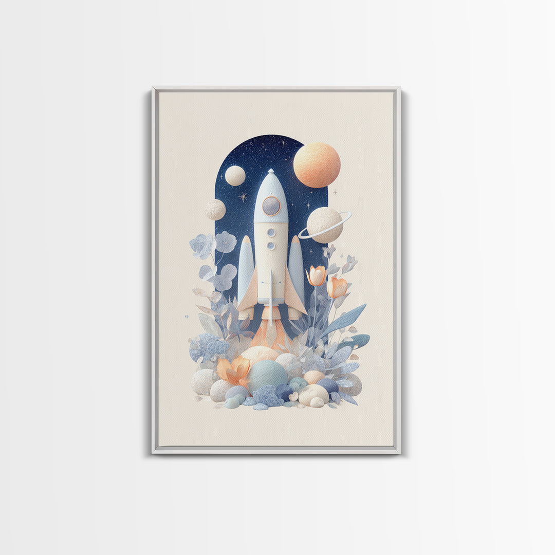 Rocket Ship and Smiling Planets Framed Canvas Print, Nursery Art, Nursery Wall Art, Nursery Decor, Oil Painting, Nursery, NUR-2x3-53
