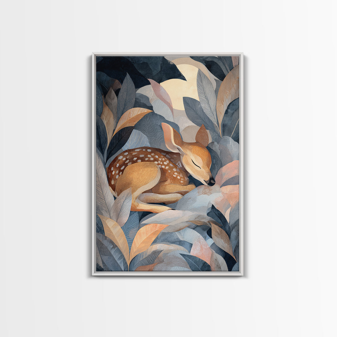 Deer Fawn Sleeping Framed Canvas Print, Nursery Art, Textured Painting, Nursery Decor, Fine Art, Nursery, Wall Art Print, NUR-2x3-55