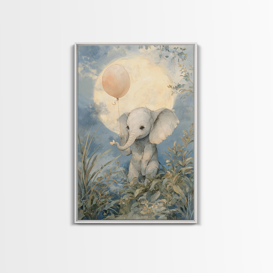 Sleepy Baby Elephant Holding a Tiny Balloon Canvas Print, Nursery Art, Playroom Decor, Nursery Decor, Oil Painting, Nursery, NUR-2x3-57