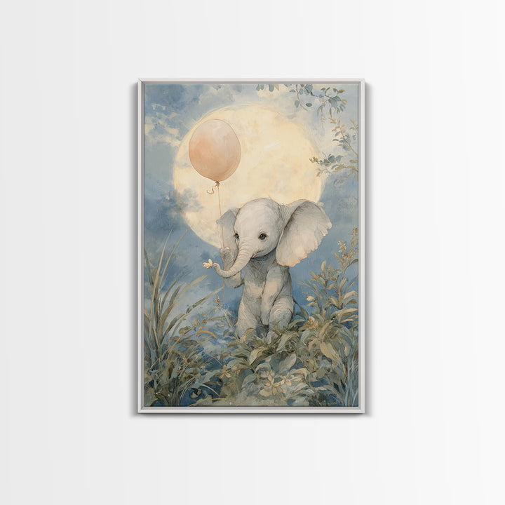 Sleepy Baby Elephant Holding a Tiny Balloon Canvas Print, Nursery Art, Playroom Decor, Nursery Decor, Oil Painting, Nursery, NUR-2x3-57