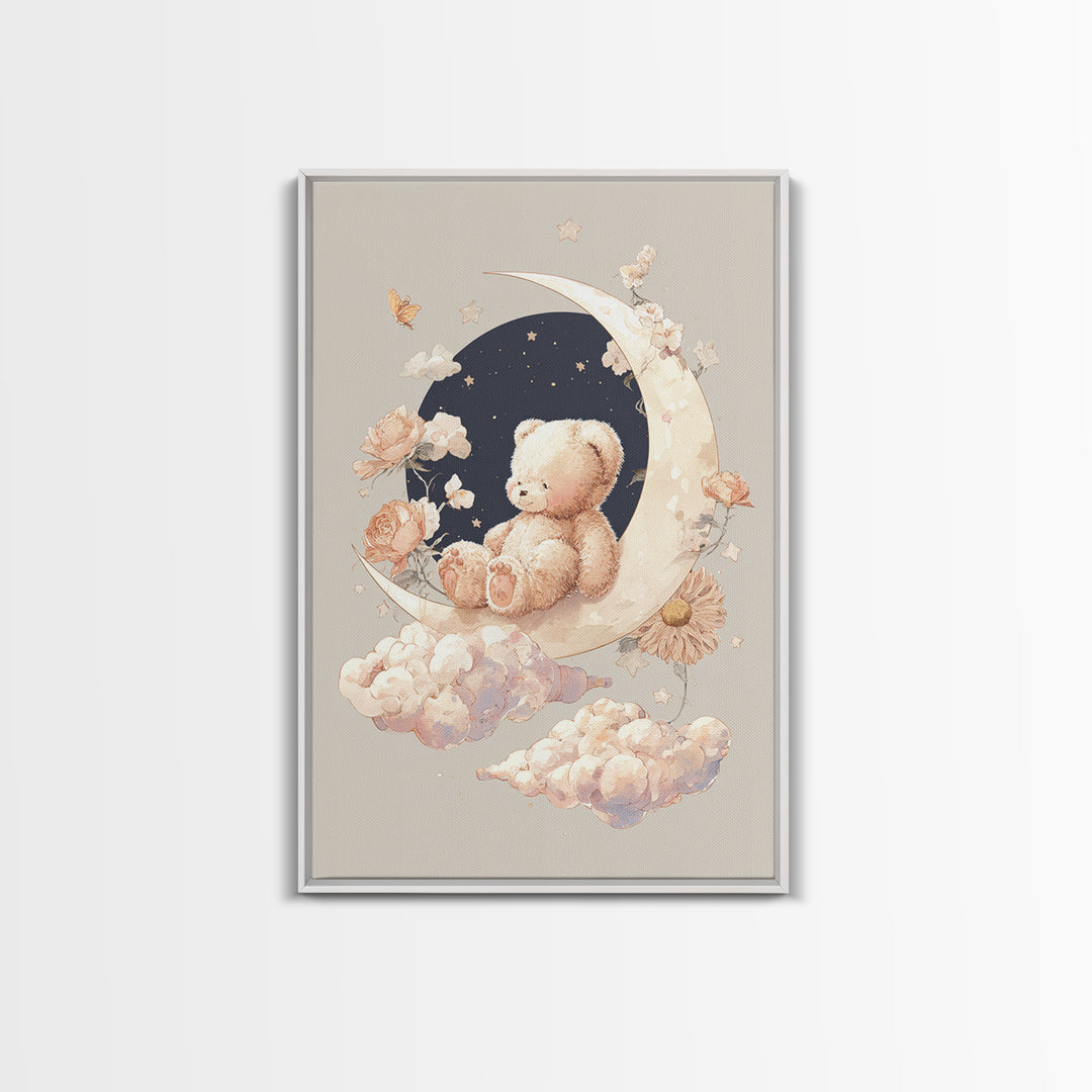 Baby Bear Floating on a Crescent Moon Canvas Print, Nursery Art, Nursery Decor, Abstract Art, Nursery, Kids Wall Art, NUR-2x3-62