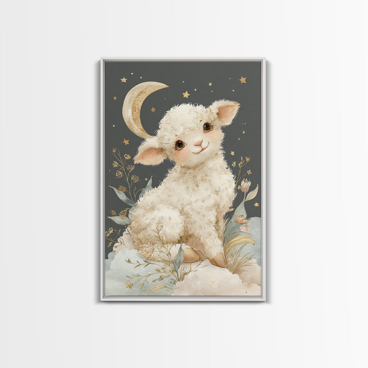 Little Lamb under a Starry Sky Framed Canvas Print, Nursery Art, Nursery Wall Art, Nursery Decor, Nursery, Woodland Nursery, NUR-2x3-75