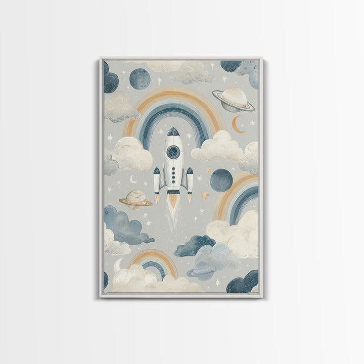 Rocket Ship and Smiling Planets Canvas Print, Nursery Art, Nursery Prints, Nursery Decor, Fine Art, Nursery, Kids Wall Decor, NUR-2x3-77