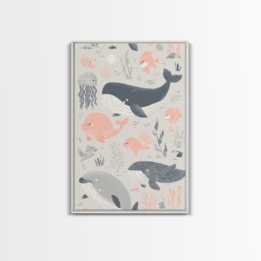 Friendly Ocean Creatures Framed Canvas Print, Nursery Art, Contemporary Art, Nursery Decor, Fine Art, Nursery, Nursery Prints, NUR-2x3-80