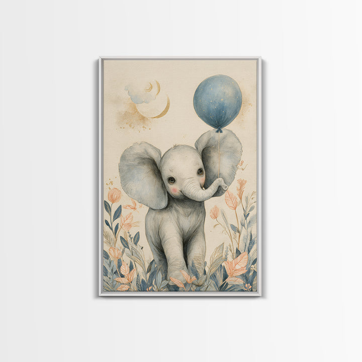 Sleepy Baby Elephant Holding a Tiny Balloon Canvas Print, Nursery Art, Playroom Decor, Nursery Decor, Oil Painting, Nursery, NUR-2x3-81