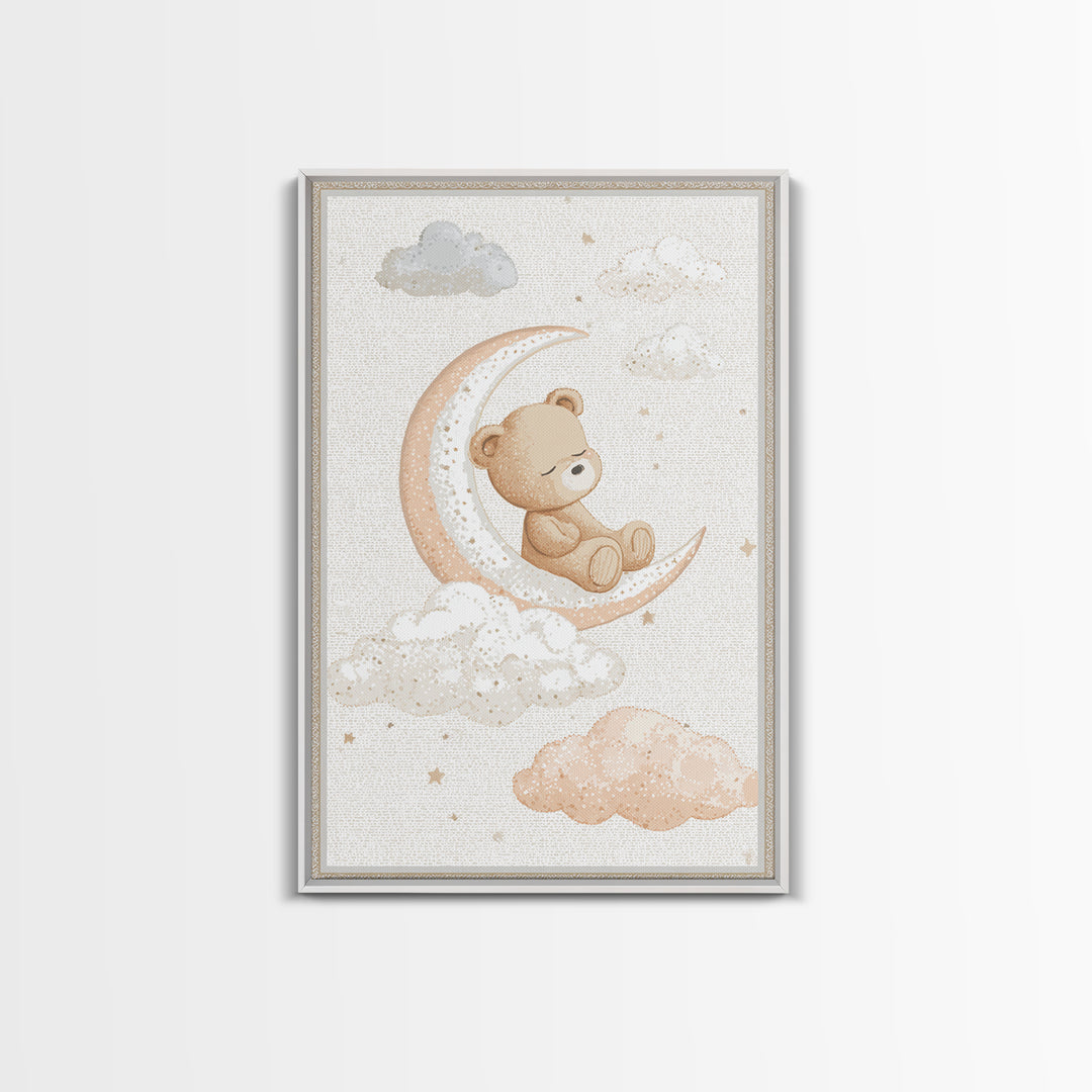 Baby Bear Floating on a Crescent Moon Canvas Print, Nursery Art, Nursery Decor, Abstract Art, Nursery, Kids Wall Art, NUR-2x3-86