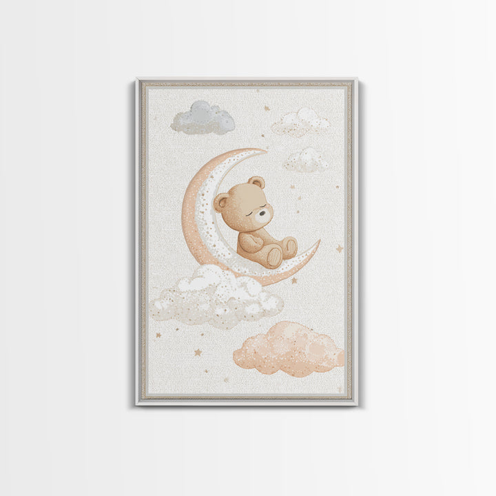 Baby Bear Floating on a Crescent Moon Canvas Print, Nursery Art, Nursery Decor, Abstract Art, Nursery, Kids Wall Art, NUR-2x3-86
