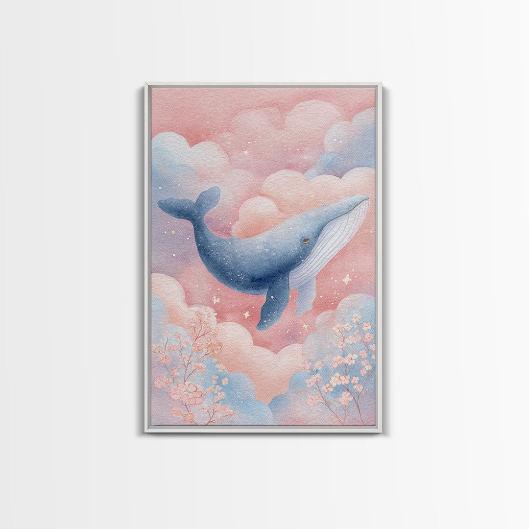 Whale and Tiny Stars Framed Canvas Print, Nursery Art, Nursery Wall Art, Nursery Decor, Fine Art, Nursery, Woodland Nursery, NUR-2x3-88