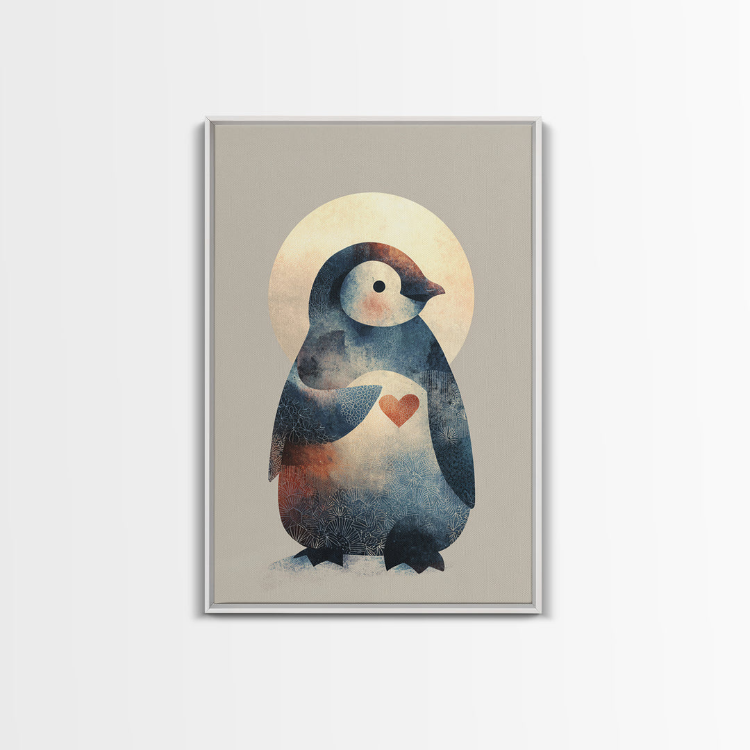 Penguin Holding a Little Heart Shape Framed Canvas Print, Nursery Art, Nursery Wall Art, Nursery Decor, Fine Art, Nursery, NUR-2x3-90