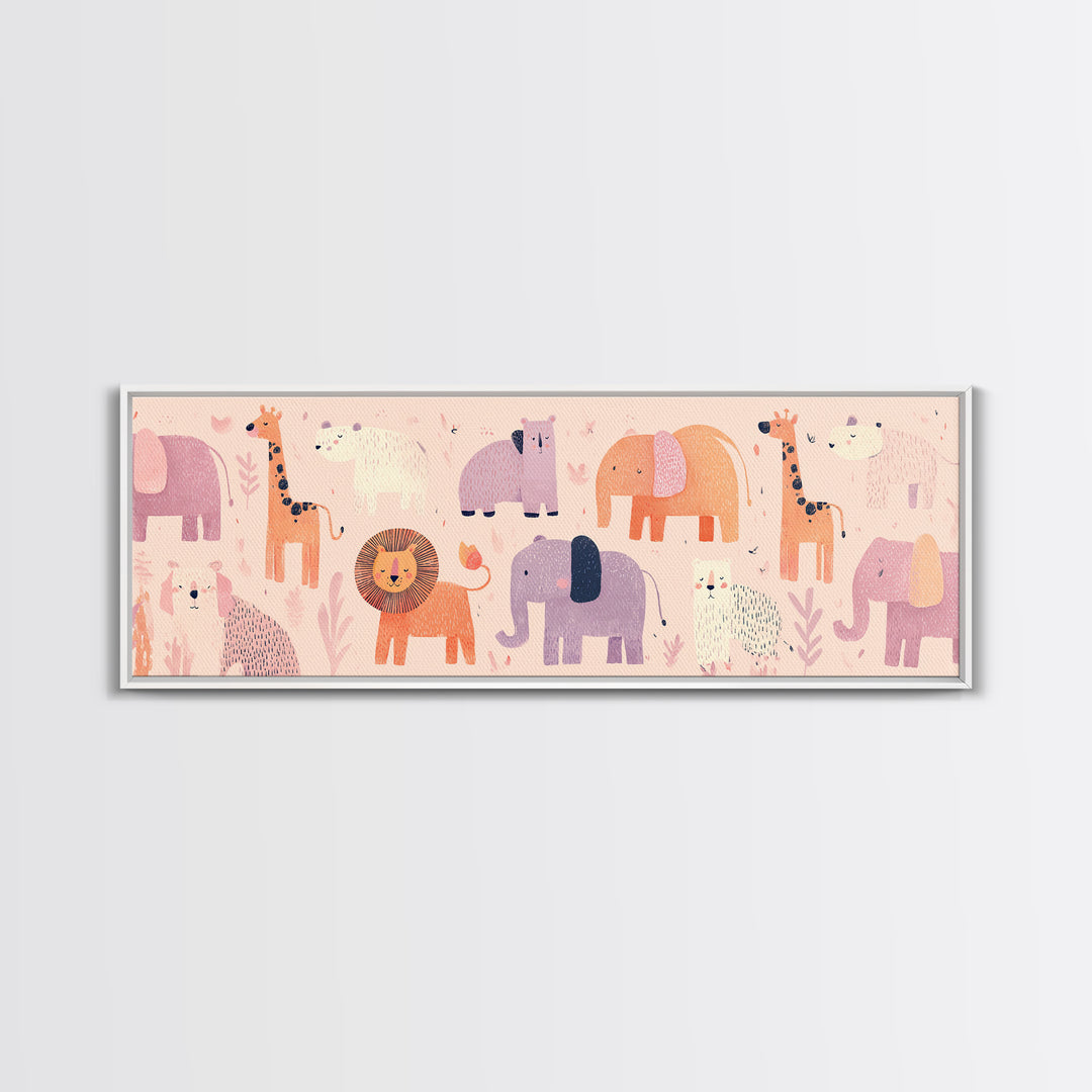 Pastel Jungle Animals Framed Canvas Print, Nursery Art, Wall Decor, Nursery Decor, Fine Art, Nursery, Playroom Decor, NUR-3x1-10