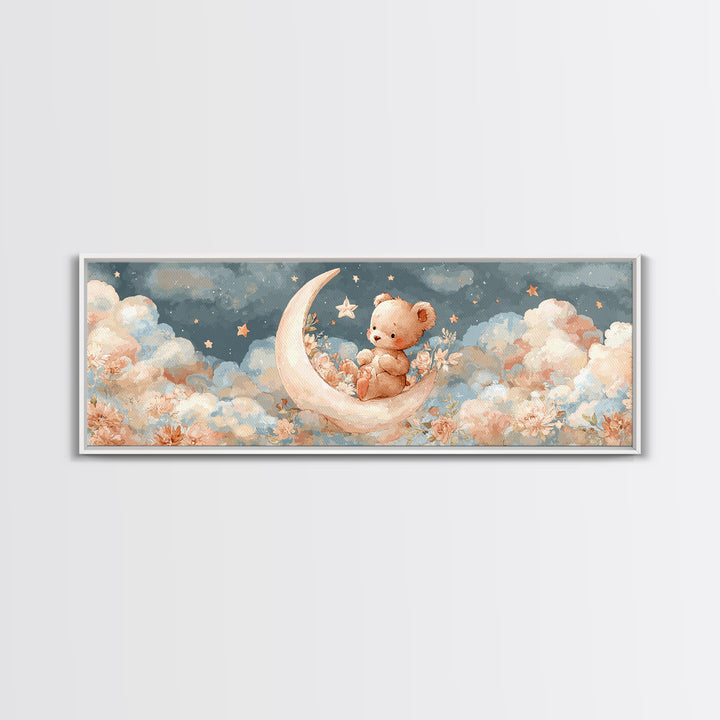 Baby Bear Floating on a Crescent Moon Canvas Print, Nursery Art, Boho Decor, Nursery Decor, Abstract Art, Nursery, NUR-3x1-22