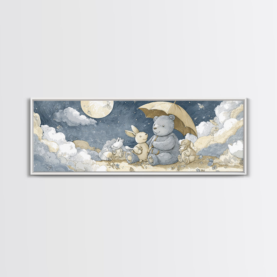 Bear and Rabbit Sharing Umbrella Canvas Print, Nursery Art, Girl Nursery Decor, Nursery Decor, Fine Art, Nursery, Kids Room Art, NUR-3x1-33
