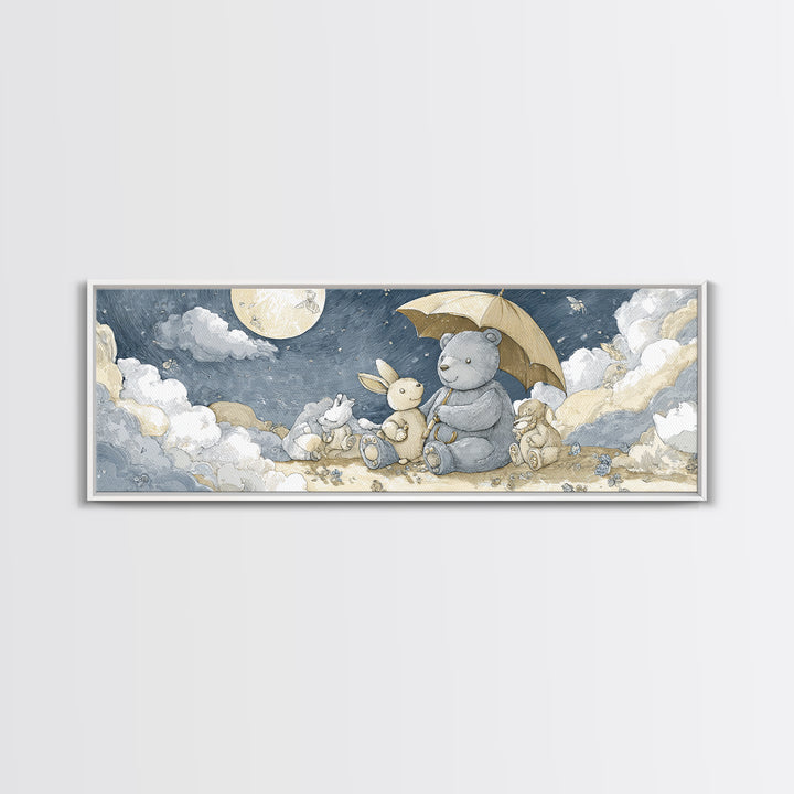 Bear and Rabbit Sharing Umbrella Canvas Print, Nursery Art, Girl Nursery Decor, Nursery Decor, Fine Art, Nursery, Kids Room Art, NUR-3x1-33
