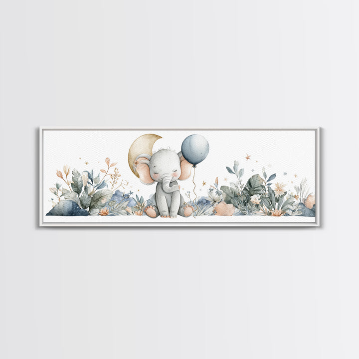 Sleepy Baby Elephant Holding a Tiny Balloon Canvas Print, Nursery Art, Playroom Wall Art, Nursery Decor, Watercolor Art, NUR-3x1-41