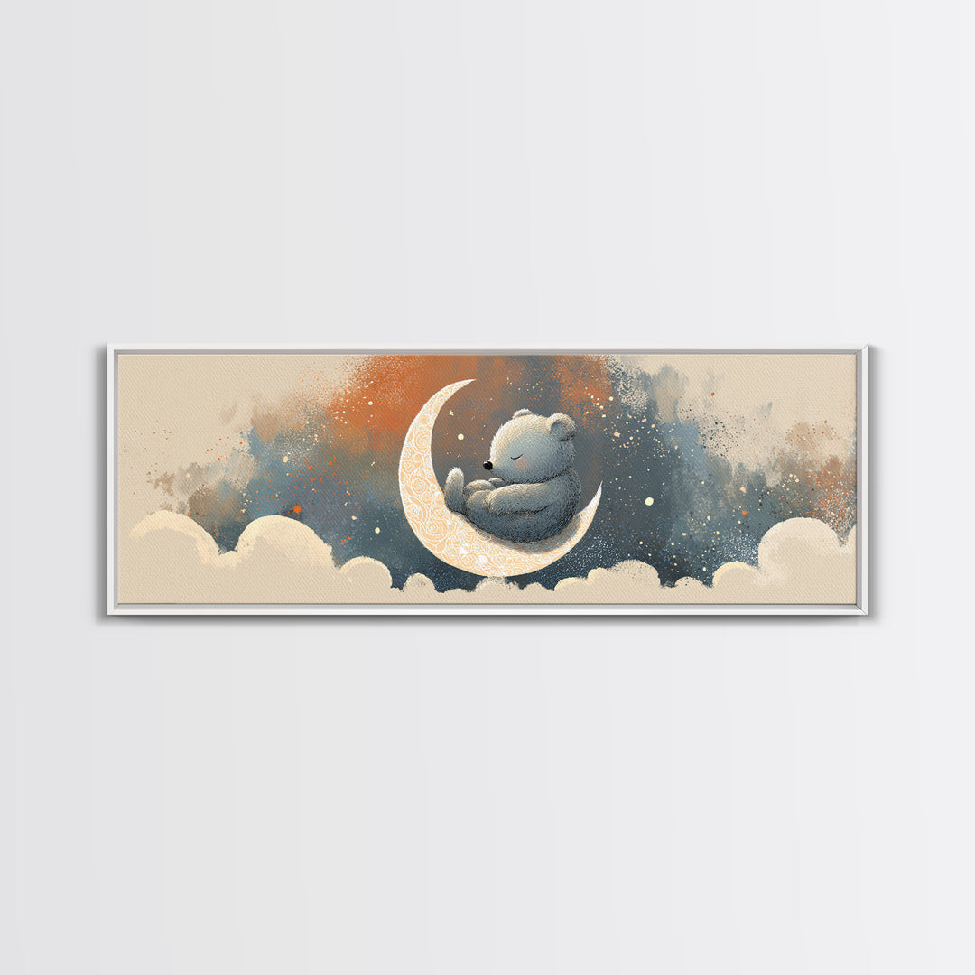 Baby Bear Floating on a Crescent Moon Canvas Print, Nursery Art, Girl Nursery Decor, Nursery Decor, Fine Art, Nursery, NUR-3x1-46