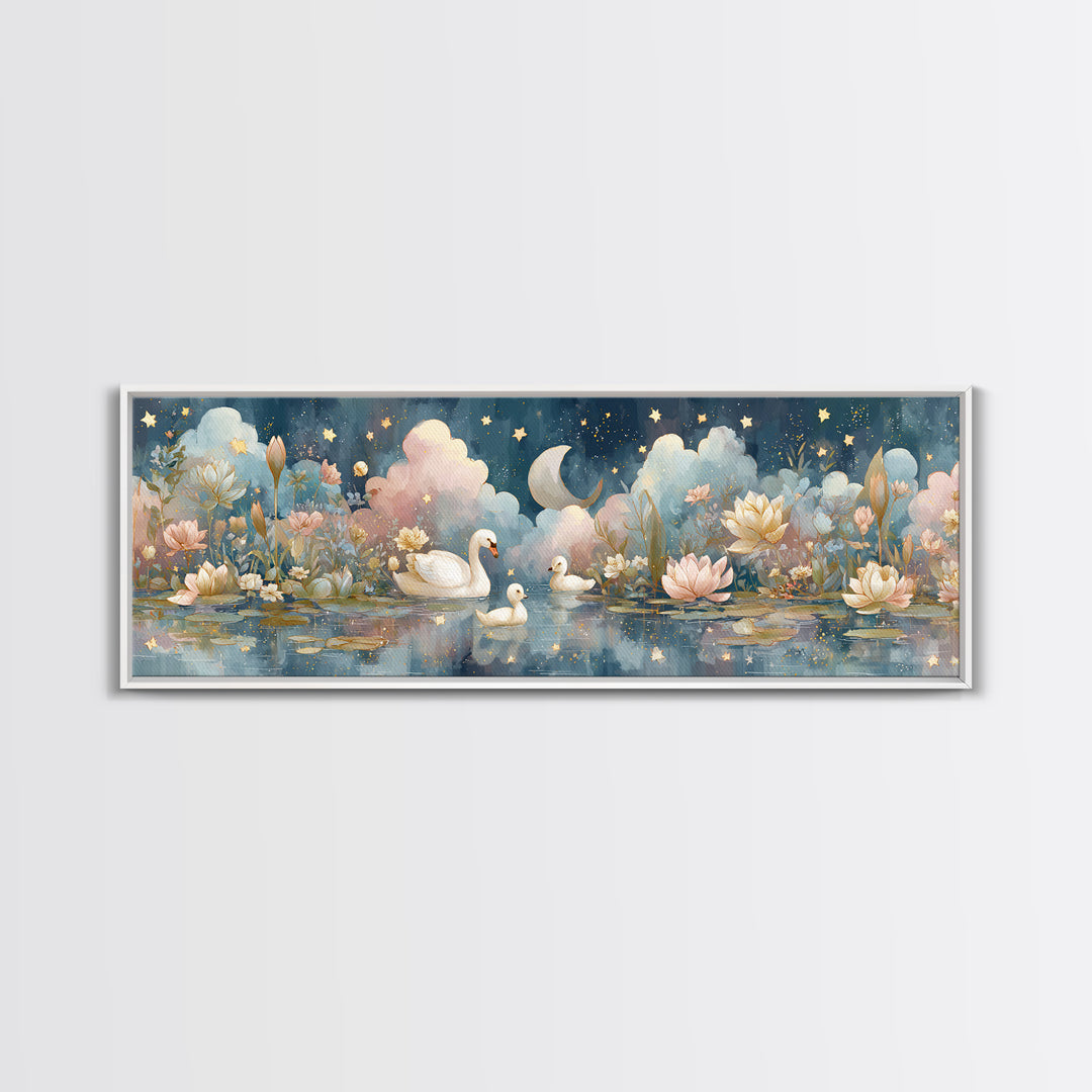 Swan and Cygnet Framed Canvas Print, Nursery Art, Textured Painting, Nursery Decor, Fine Art, Nursery, Wall Art Print, NUR-3x1-56