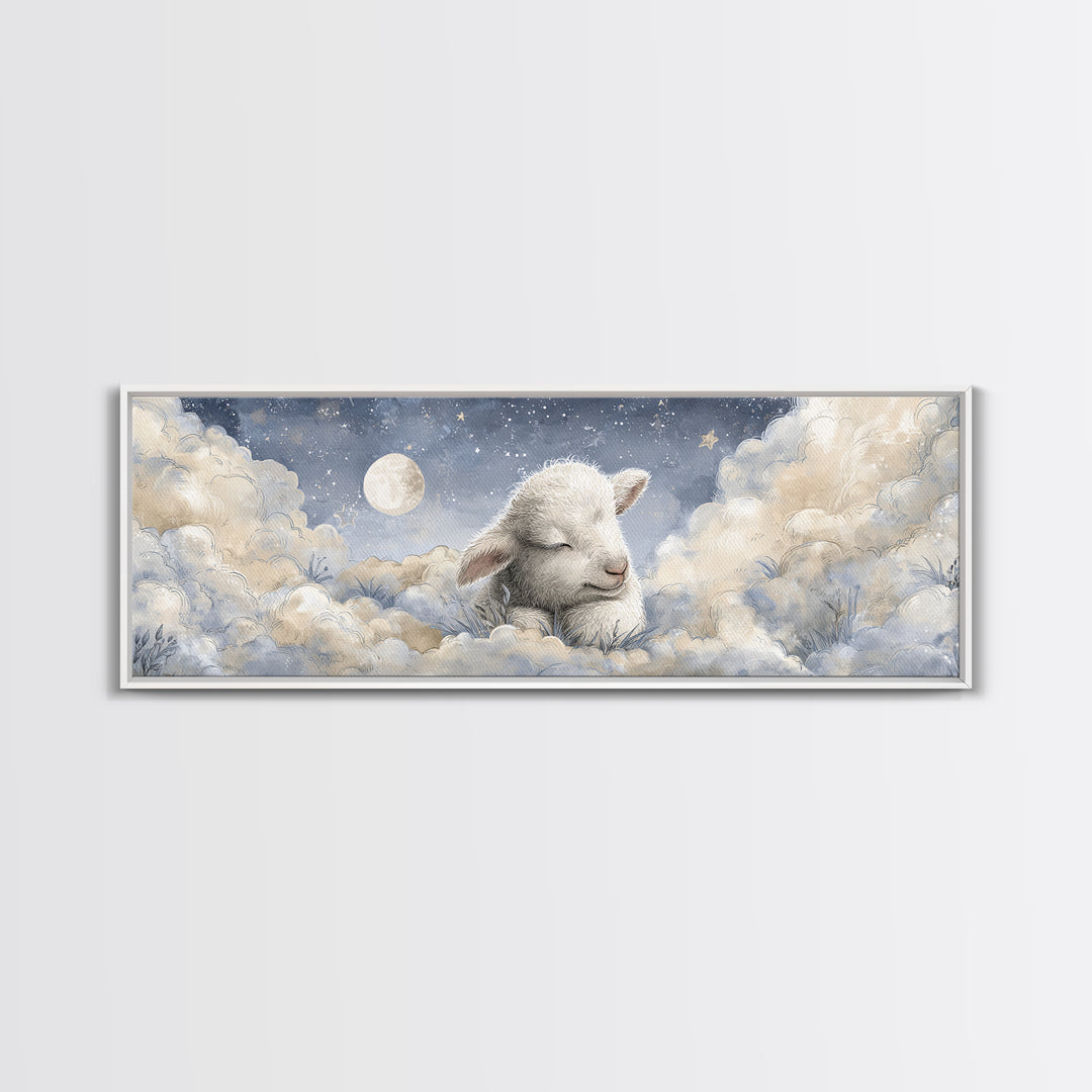 Little Lamb under a Starry Sky Framed Canvas Print, Nursery Art, Wall Art, Nursery Decor, Fine Art, Nursery, Nursery Prints, NUR-3x1-59