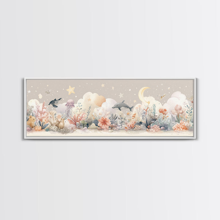 Friendly Ocean Creatures Framed Canvas Print, Nursery Art, Boho Decor, Nursery Decor, Fine Art, Nursery, Wall Hangings, NUR-3x1-64
