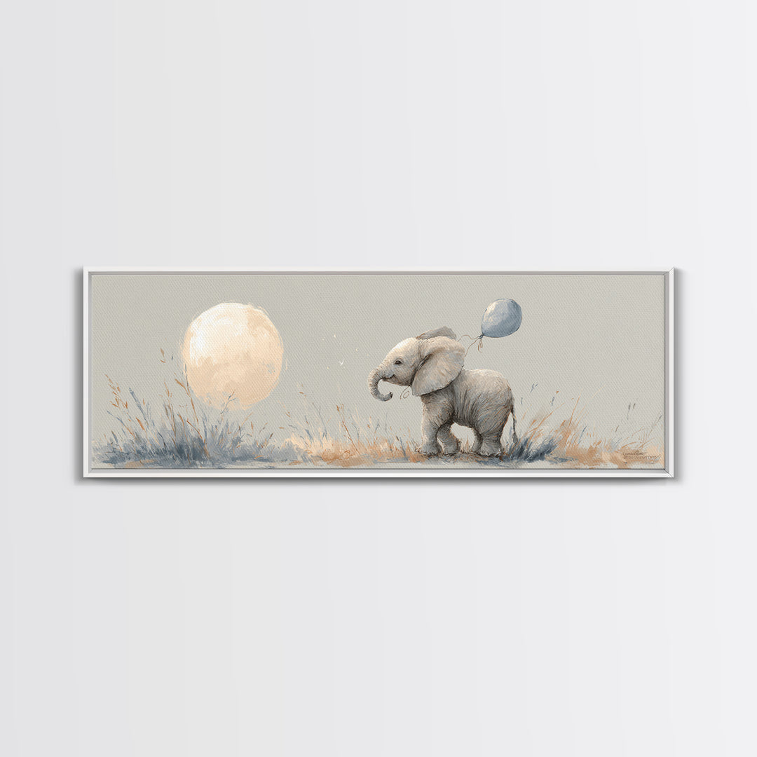 Sleepy Baby Elephant Holding a Tiny Balloon Canvas Print, Nursery Art, Playroom Wall Art, Nursery Decor, Watercolor Art, NUR-3x1-65