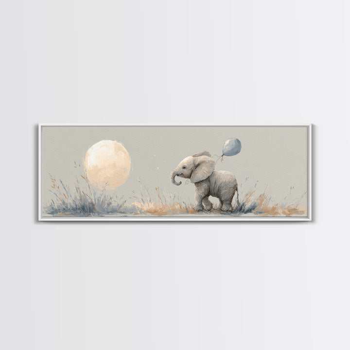 Sleepy Baby Elephant Holding a Tiny Balloon Canvas Print, Nursery Art, Playroom Wall Art, Nursery Decor, Watercolor Art, NUR-3x1-65