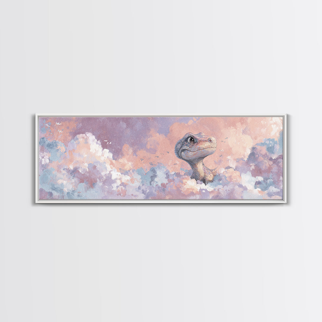 Tiny Dinosaur with Friendly Expression Framed Canvas Print, Nursery Art, Gallery Decor, Nursery Decor, Fine Art, Nursery, NUR-3x1-7