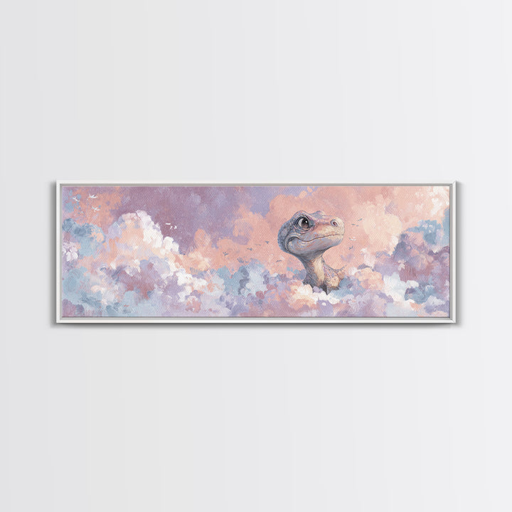 Tiny Dinosaur with Friendly Expression Framed Canvas Print, Nursery Art, Gallery Decor, Nursery Decor, Fine Art, Nursery, NUR-3x1-7