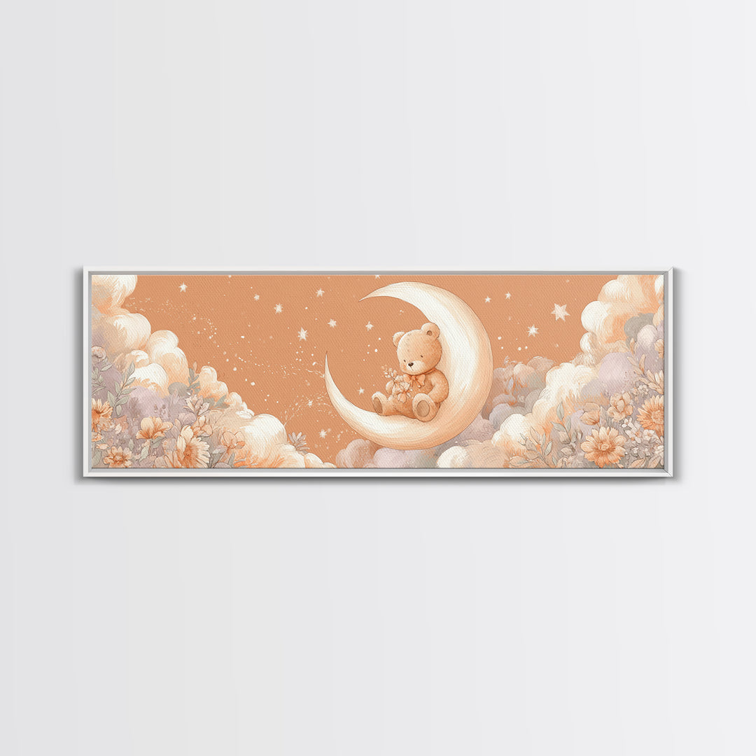 Baby Bear Floating on a Crescent Moon Canvas Print, Nursery Art, Luxury Decor, Nursery Decor, Oil Painting, Nursery, NUR-3x1-70