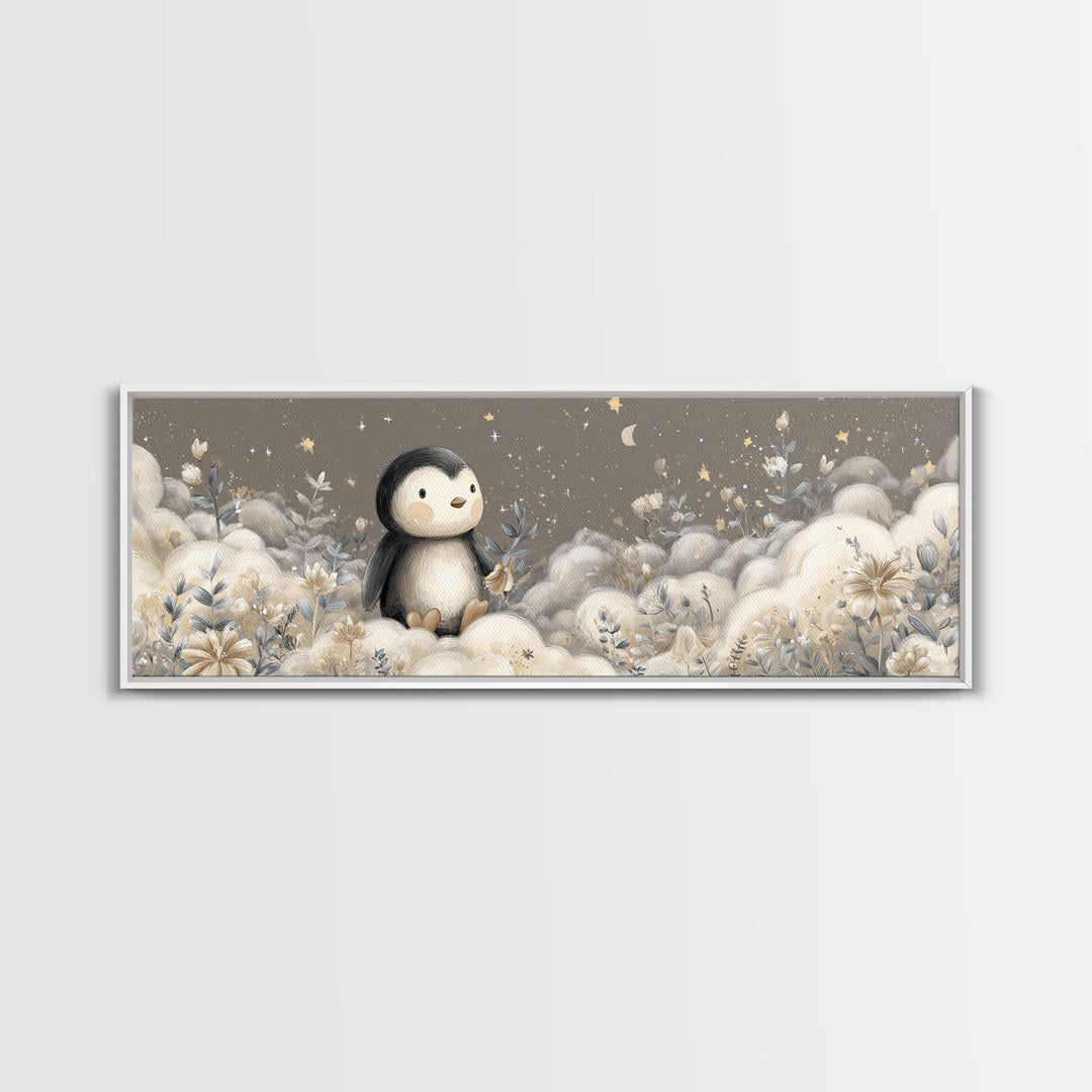 Penguin Holding a Little Heart Shape Framed Canvas Print, Nursery Art, Butterfly Wall Art, Nursery Decor, Fine Art, Nursery, NUR-3x1-74