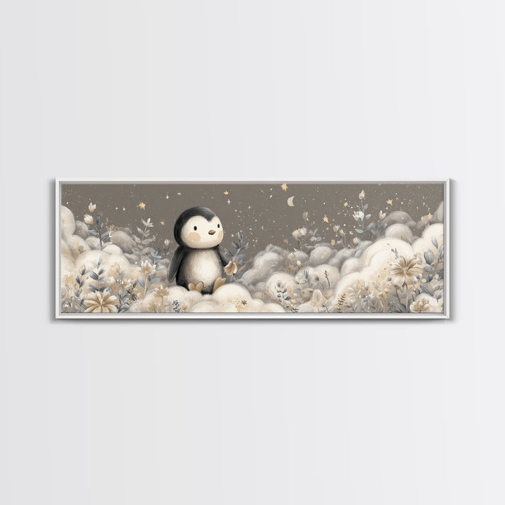 Penguin Holding a Little Heart Shape Framed Canvas Print, Nursery Art, Butterfly Wall Art, Nursery Decor, Fine Art, Nursery, NUR-3x1-74