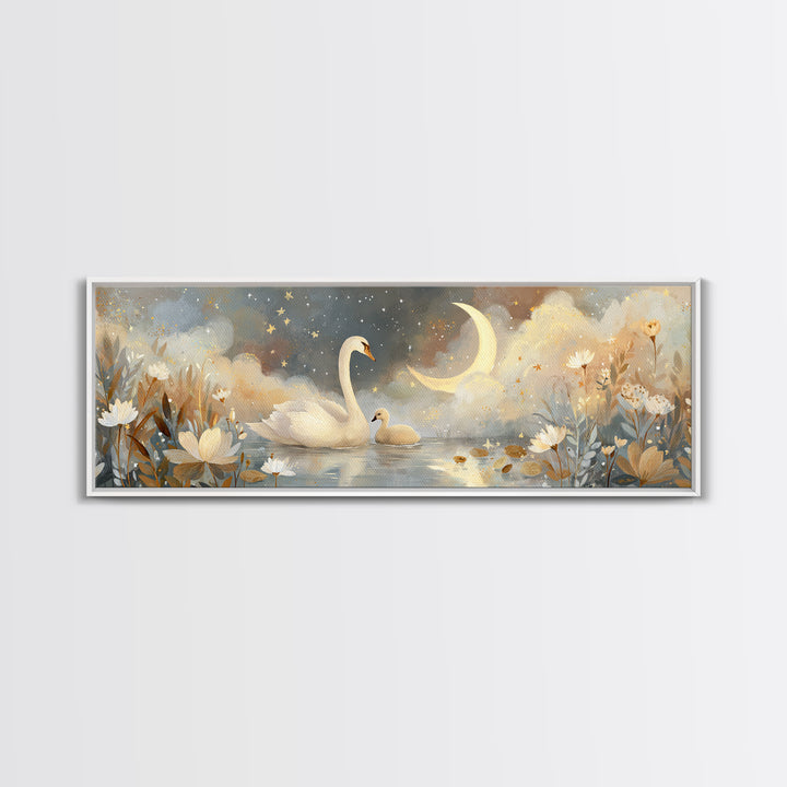 Swan and Cygnet Canvas Print, Nursery Art, Playroom Wall Art, Nursery Decor, Fine Art, Nursery, Statement Artwork, Boho Decor, NUR-3x1-8