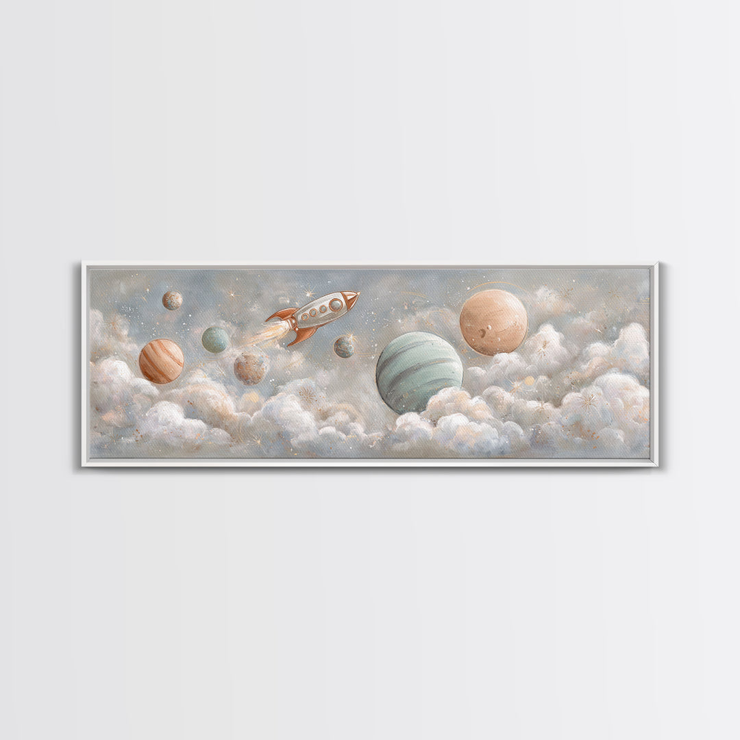 Rocket Ship and Smiling Planets Canvas Print, Nursery Art, Baby Girl Nursery, Nursery Decor, Oil Painting, Nursery, NUR-3x1-85