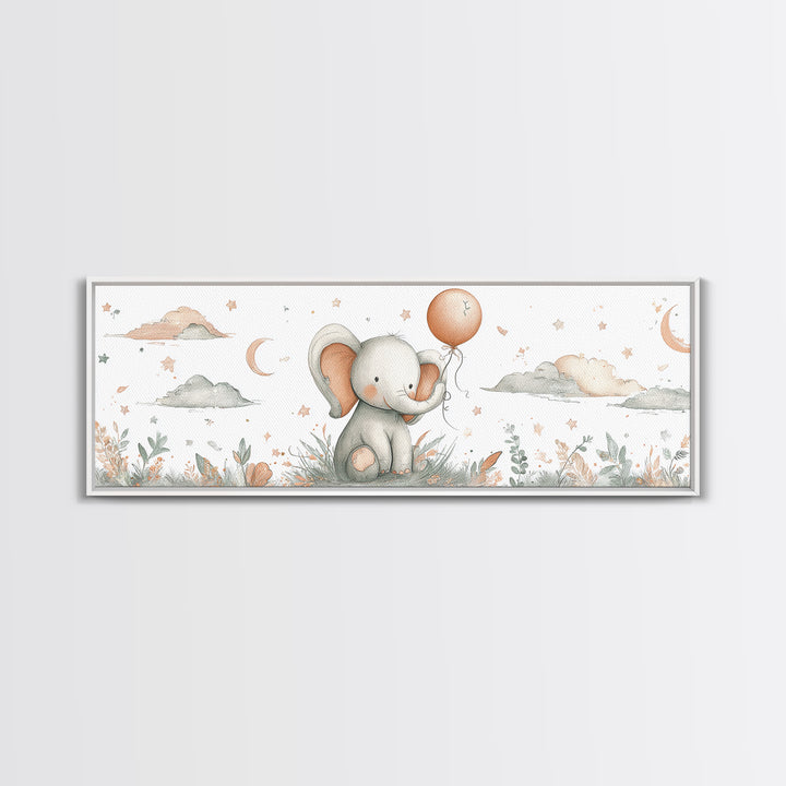 Sleepy Baby Elephant Holding a Tiny Balloon Framed Canvas Print, Nursery Art, Woodland Nursery Art, Nursery Decor, Oil Painting, NUR-3x1-89