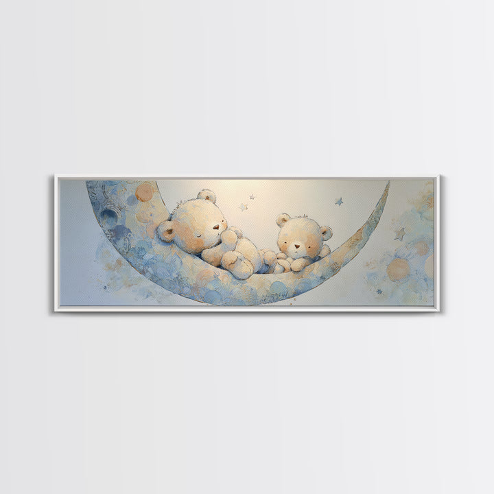 Baby Bear Floating on a Crescent Moon Canvas Print, Nursery Art, Digital Download Art, Nursery Decor, Watercolor Art, Nursery, NUR-3x1-94